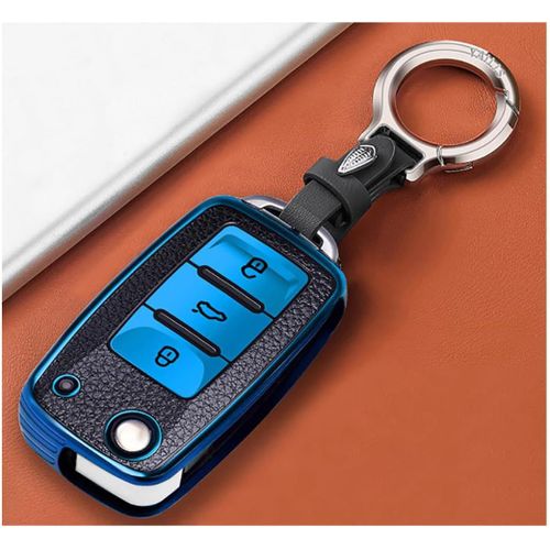 Coque De Clé De Voiture Pour Vw Polo Passat Skoda Seat Bleu Avec Porte-Clés Compatible Avec Volkswagen Tiguan Golf 4 5 6 Beetle Jetta Touran Eos Scirocco 3 Boutons
