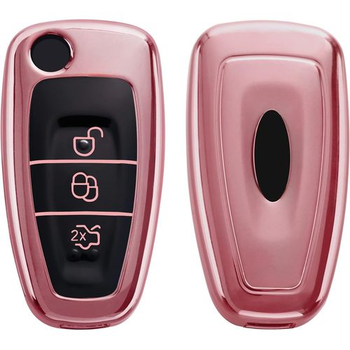 Boitier Clef Voiture Compatible Avec Ford 3-Bouton-Coque En Silicone De Clef De Voiture-Étui De Protection Or Rosé Haute Brillance