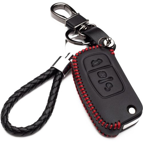 Housse en Cuir pour Clé Ford 3 Boutons avec Porte-Clés Fiesta Focus Galaxy Fusion S-Max Kuga Ecosport Étui de Protection Cover Coque pour Télécommande Voiture (Couture Rouge)