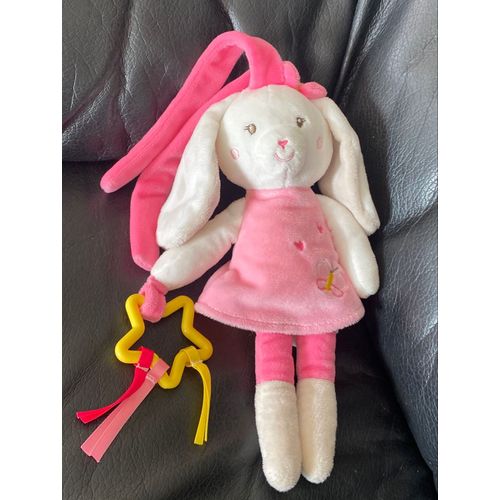 DOUDOU SUCRE D'ORGE LAPIN ROBE ROSE BLANC ETOILE JAUNE PAPILLON 25CM
