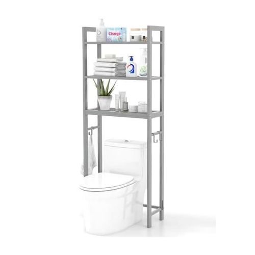 Costway Meuble Wc Au-Dessus De Toilettes En Métal Avec 3 Crochets, 3 Étagères, Anti-Basculement, 63 X 26,5 X 170 Cm, Gris