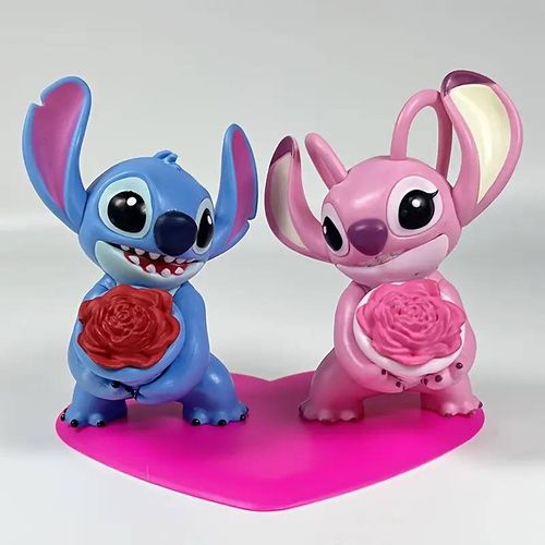 Figurines Disney Stitch & Angel Sur Base Coeur Fleurie - Déco Cadeau Original Anniversaire, Saint-Valentin, Bureau Ou Maison