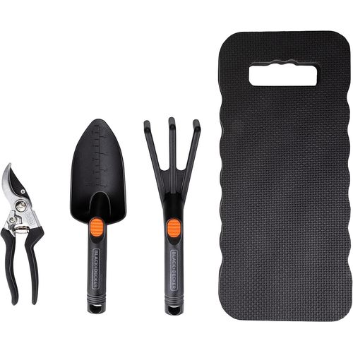 CHECARZHN--NO1-Ensemble D'Outillage De Jardin - Kit Jardinage 4 Pièces - Tapis De Genoux, Sécateur, Pelle Et Griffe De Jardin - Capacité De Coupe De 13 Mm - Noir/Orange