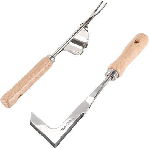 CHECARZHN--NO1-2Pcs Désherbeur Manuel,Outil De Désherbage En Acier Inoxydable,Weeder De Jardin,Fourche De Jardinage,Désherbeur À Racines,Avec Manche Ergonomique En Bois Naturel,Pour Désherber Votre J
