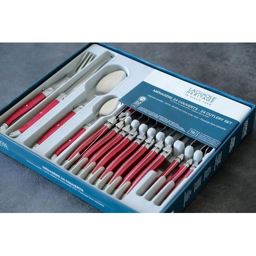 Checarzhn--No1-Ménagère 24 Pièces - Set De Couverts De Table Acier Inox Et Abs Pour 6 Personnes - Présentation Coffret Cadeau - Couleur Nacré Rouge