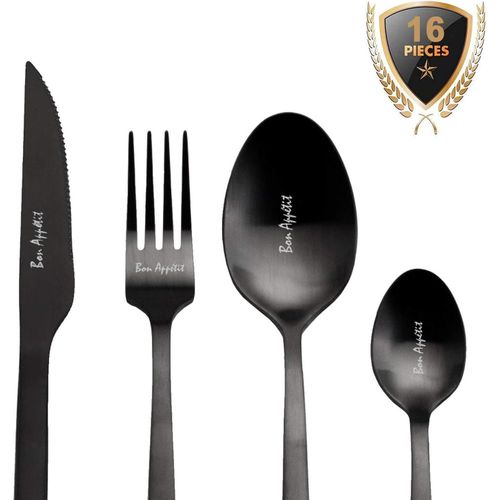 Checarzhn--No1-Ménagère De Couverts Inox Noirs Mats Pour 4 Personnes. Ensemble De Couverts De Table Personnalisés 16 Pièces En Acier Inoxydable « Bon Appétit ». Présentation Coffret Cadeau