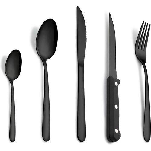 Checarzhn--No1-Couverts Noirs Avec Couteau A Steak, 30 Pièces Couverts De Table Pour 6 Personnes, Set Couverts De Table Inox, Couvert En Noirs Comprenant Cuillère, Couteau, Fourchette, Lave-Vaisselle
