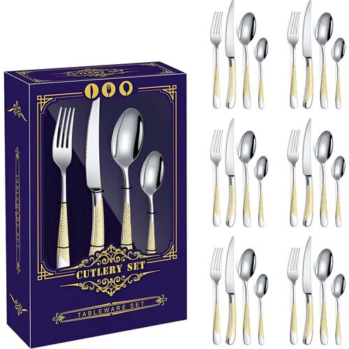 Checarzhn--No1-Ensemble De Couverts Argentés, Dorés, Argentés, Plats, 24 Pièces, Service Moderne Pour 6, En Acier Inoxydable Poli Miroir Pour La Maison, Restaurant, Couteaux, Fourchettes, Cuillères, Passe Au