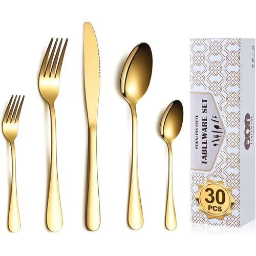 Checarzhn--No1-Couverts De Table 30 Pièces, Moderne En Acier Inoxydable Or Ensemble De Couvert En Acier Inoxydable, Haute Qualité Couverts Set Fourchettes, Couteaux, Cuillères, Service Pour 6