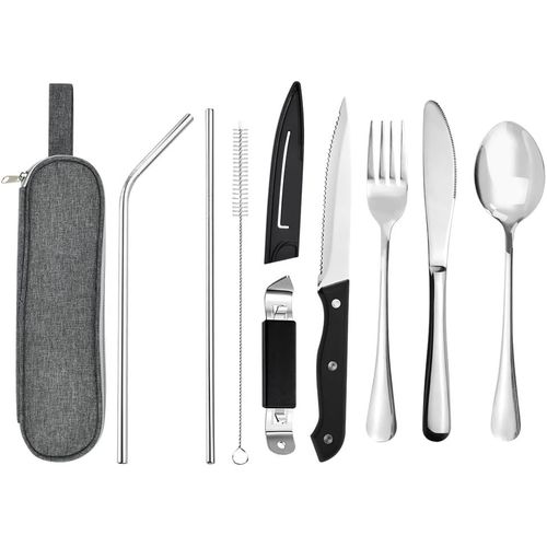 Checarzhn--No1-9 Pcs Set De Couverts En Inox Portable Ensemble De Couverts De Table Ensemble De Couverts De Voyage Camping Couverts De Camping En Acier Inoxydable Pour Camping Voyage Pique-Nique