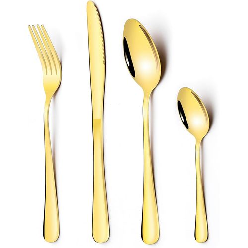 Checarzhn--No1-Lot De 24 Couverts En Acier Inoxydable Pour 6 Personnes Avec Couteau, Fourchette, Cuillère, Couverts De Table Plaqués Or Titane Pour La Maison/Fête/Restaurant, Passe Au Lave-Vaisselle Et Inoxydable