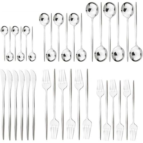 Checarzhn--No1-Ensembles De Couverts, Couteau À Steak 36pièces De Couverts De Table En Acier Inoxydable Pour 6 Personnes Et Fourchette Cuillère Cuillère À Café Pour 6 Couverts (Argent)