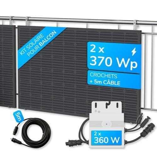 Panneau solaire LightMate 740Watt, kit complet pour balcon avec 2 panneaux solaires, 2 onduleurs (puissance 720W), câble de connexion, câble électrique (5 m) et crochets de fixation ajustables