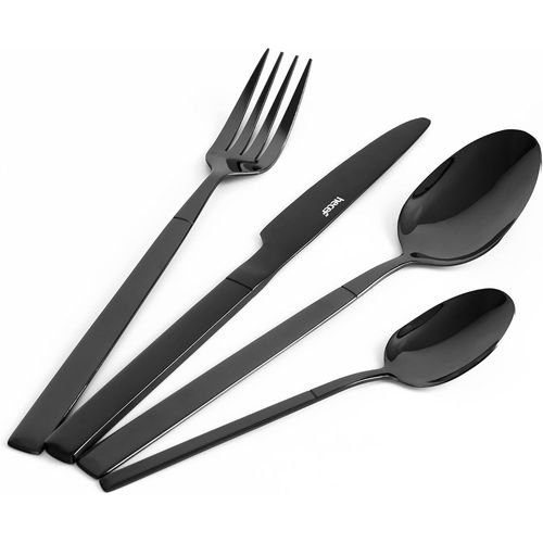 Checarzhn--No1-Couverts De Table 16 Pièces Pour 4 Personnes, Acier Inoxydable 18/0, Manche Ergonomique, Lavable Au Lave-Vaisselle, Set Couverts De Table Pour Maison Et Restaurant (Noir)