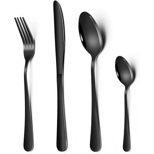 Checarzhn--No1-Lot De 24 Couverts Noirs En Acier Inoxydable Pour 6 Personnes, Avec Couteaux, Fourchettes, Cuillères, Couverts De Table Pour Maison, Fête, Restaurant, Lave-Vaisselle Et Poli Brillant