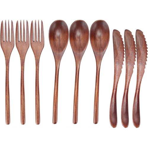 Checarzhn--No1-9 Pièces En Bois Couverts Cuillère Portable Ensemble De Couverts Cuillère Fourchette Couteau Ensemble Cuisine En Bois Couverts Couverts Fourchette Cuillère Pour La Maison Café Restaurant