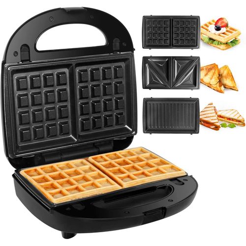 Appareil À Croques Monsieur Gaufrier 3 En 1 Machine À Sandwich Maker Gauffre Presse Toaster Pain Plaques Remplaçables 750W - Noir