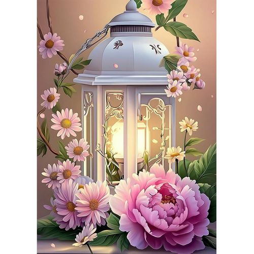 Ayuhr-Diy Belle Blanche Lanterne Diamond Painting Adulte,5d Fleurs Roses Peinture Diamant Set,Diamant Painting Kit Complete,Diamond Point De Croix Cristal Painting,Pour Maison Décoration 30x40cm