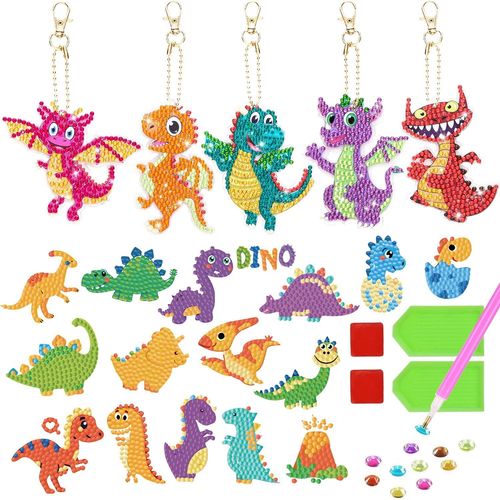 AYUHR-21Pièce Diamond Painting Enfant Décoration de Dinosaures Avec Peinture au Diamant Porte-Clés avec Autocollants en Diamant pour Enfants Set de Peinture à Diamants pour Enfants