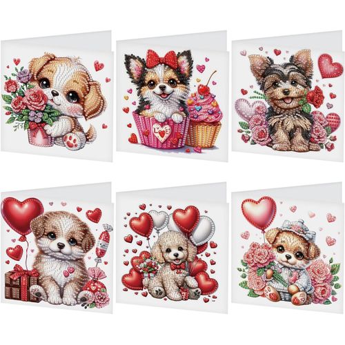 Ayuhr-Lot De 6 Cartes De V?Ux Diamond Painting - Motif Chiens Et Chiots - Carte D'anniversaire - Carte De Remerciement - Cartes De Vacances - Broderie Au Point De Croix - Peinture Diamant - Cadeau