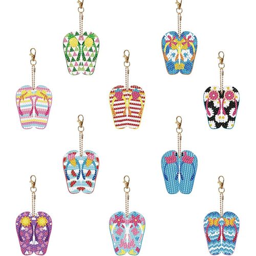 Ayuhr-10 Pièces Double Face 5d Diy Porte-Clés De Peinture Diamant,Tongs Plage Été Diamant Strass Mosaïque Pour Enfant Adultes Débutants,Art Diamond Painting Keychain Pendentif Pour Bricolage Sacs Déc