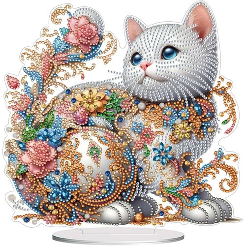 Ayuhr-Diy Diamond Painting Décoration De Table, Chat Blanc Diamond Painting Adultes 5d Diamant Peinture Debout Art Set Diamant Painting Table Décoration Gem Ornements Pour Décoration, Cadeau