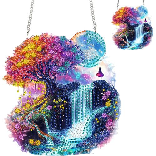 Ayuhr-Diamond Painting Pendentif Ornement Arbre Coloré Pendentif D'art De Diamant Kits Pour Les Adultes, Paysages Diamant Art Pendentifs De Fenêtre Maison Jardin Décoration Suspension 20x20 Cm