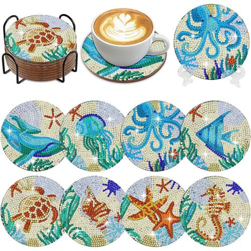 AYUHR-Diamond Coaster Art Lot de 8 dessous-de-verre avec support pour débutants et adultes - Motif animaux marins
