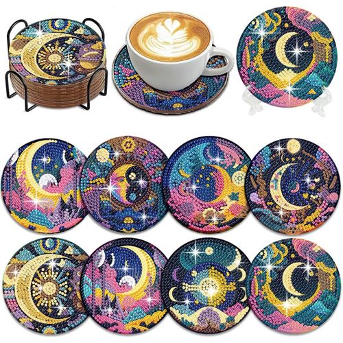 AYUHR-Diamond Lot de 8 sous-verres de peinture diamant pour adultes, kits d'art pour débutants, adultes réduisant le stress avec support - Kits d'art en pierres précieuses (lune)