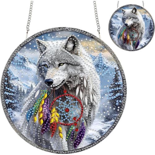 Ayuhr-Diamond Painting Pendentif Ornement Loup Pendentif D'art De Diamant Kits Pour Les Adultes, Animaux Diamant Panneau Pendentifs De Fenêtre Maison Jardin Décoration Suspension 20x20 Cm