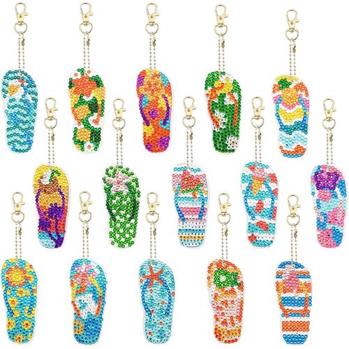 Ayuhr-15 Pièces 5d Diy Porte-Clés De Peinture Diamant,Tongs Plage D'été Diamant Strass Mosaïque Pour Enfants Adultes Filles Débutants,Art Diamond Painting Keychain Pendentif Pour Bricolage Sacs Décor