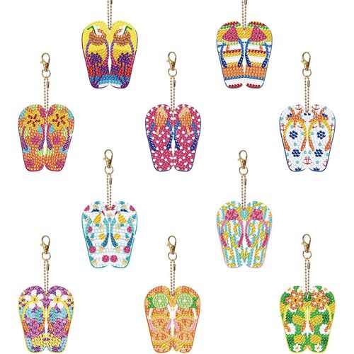 Ayuhr-10 Pièces Double Face 5d Diy Porte-Clés De Peinture Diamant,Tongs Plage Été Diamant Strass Mosaïque Pour Enfant Adultes Débutants,Art Diamond Painting Keychain Pendentif Pour Bricolage Sacs Déc
