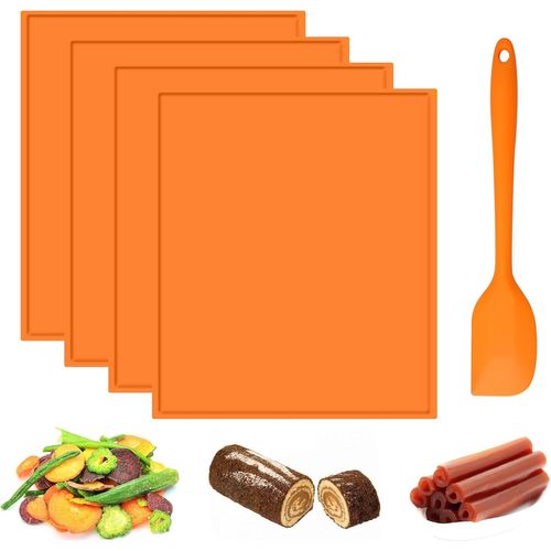 AYUHR-4 Pièces Feuilles de Déshydrateur en Silicone avec Bord 25 X 30cm Tapis à GâTeau Roulé Suisse,Plateaux De DéShydrateur En Silicone avec grattoir pour fruits, cuir, fruits, viande, Antiadhésive