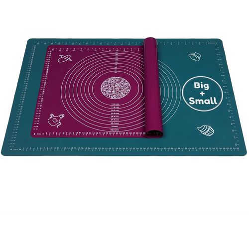 AYUHR-2x Tapis de Cuisson en Silicone, Feuilles de Cuisson Antidérapantes en 2 Tailles : 51x71 cm + 40x50 cm, Grande Tapis à Pâtisserie avec Mesures, Couleurs Pétrole et Violet