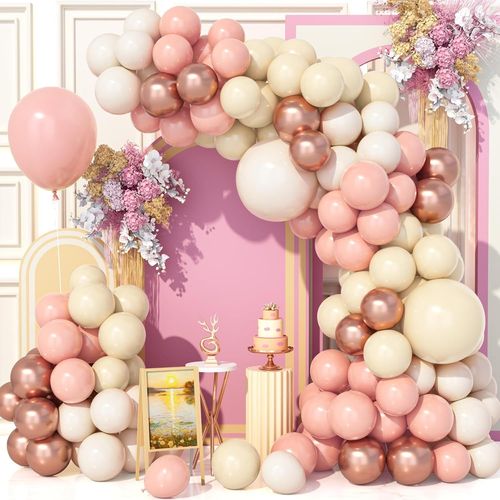 AYUHR-Kit d'Arche Ballons Roses, 153 Pièces Kit Guirlande Ballons Métalliques Rose Pastel Blanc Pour Anniversaire Fête Prénatale Anniversaire Mariage Carnaval Fournitures Décoration Fête