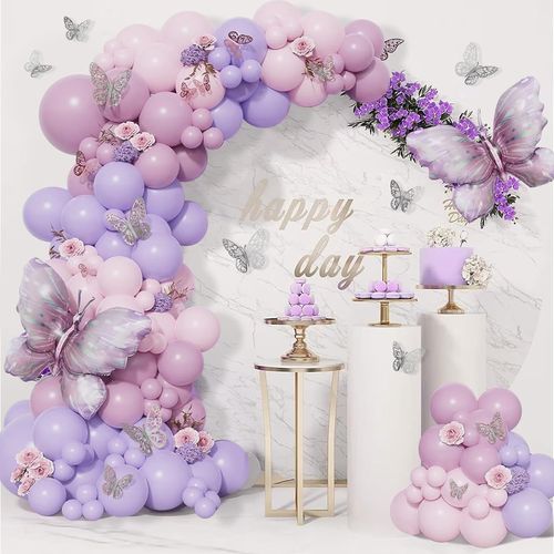 AYUHR-Ballon Guirlande Kit, 96 Pièces Kit Arche Ballon Anniversaire Rose Violet, Kit Anniversaire Fille Ballons Anniversaire Violet Ballon Papillon pour Decoration Anniversaire, Baby Shower, Mariage