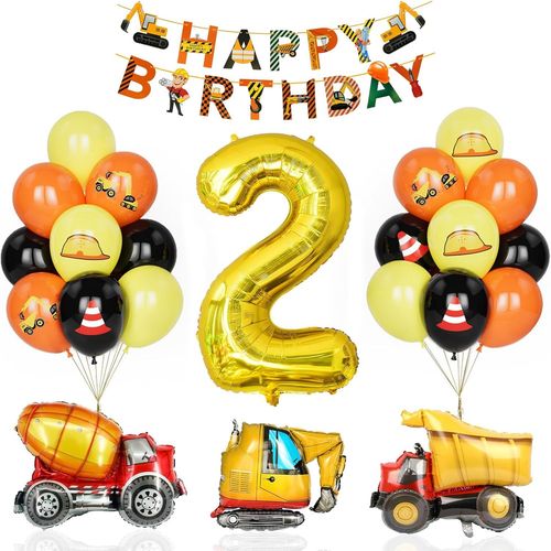 AYUHR-Decoration Anniversaire 3 Ans Pelle Garcon,Décor Ballons Tracteur Ballon Numéro Nombre 3 Enfant Garçon Chantier Construction Travailleur Joyeux Anniversaire Bannière Noir/Jaune/Orange