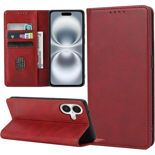 Ayu-Coque Pour Iphone 16, Housse En Cuir Pu Flip Pochette Portefeuille Étui Avec Emplacement Carte Iphone 16 Coque Magnétique Antichoc, Rouge