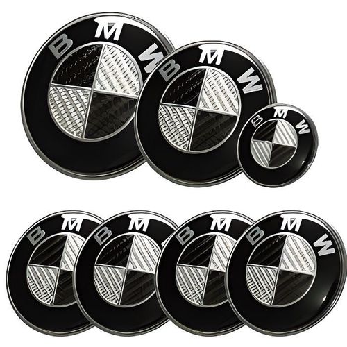 Kit 7 Badge Logo Embleme Bmw Carbone Noir Gris Capot + Coffre 82mm +Volant + 4 Centre De Roue