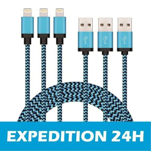 [Lot De 3, 2m]Câble Chargeur Cordon En Nylon Tressé Connecteur En Aluminium Pour Iphone Ipad Ipod-Bleu