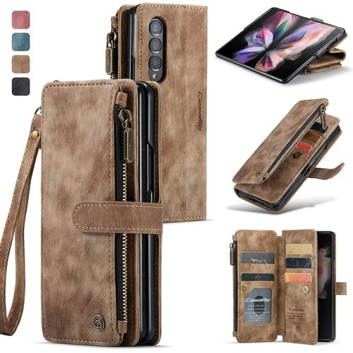 Ayu-Coque Compatible Avec Samsung Galaxy Z Fold 3 5g, Premium Pu Portefeuille Étui Housse En Cuir [Fente Pour Carte] [Stand Fonction], Étui À Rabat Magnétique Pour Galaxy Z Fold 3 5g - Marron