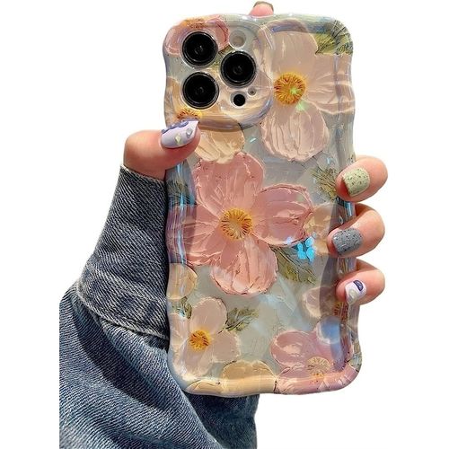 Ayu-Coque De Téléphone Pour Iphone 14 Pro Max, Coloré Vintage Peinture À L'huile Fleur Étui De Téléphone Brillant Curly Wave Frame Tpu Cas À La Durable Rayures Housse De Protection - Vert