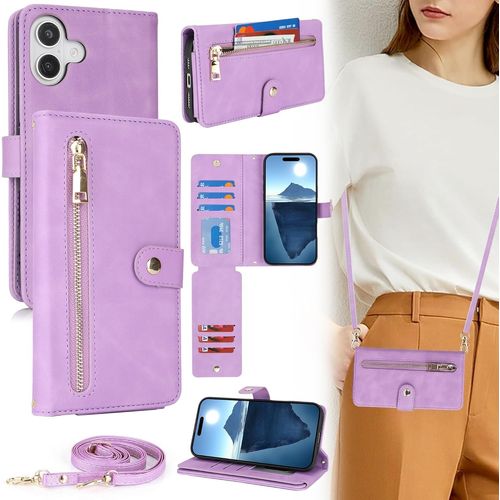 Ayu-Coque Pour Iphone 16 Etui Avec Cordon Collier,Étui À Rabat Iphone 16 Portefeuille Avec Porte Carte,Pochette Housse En Cuir Avec Sangle Réglable Pour Iphone 16-Violet Clair