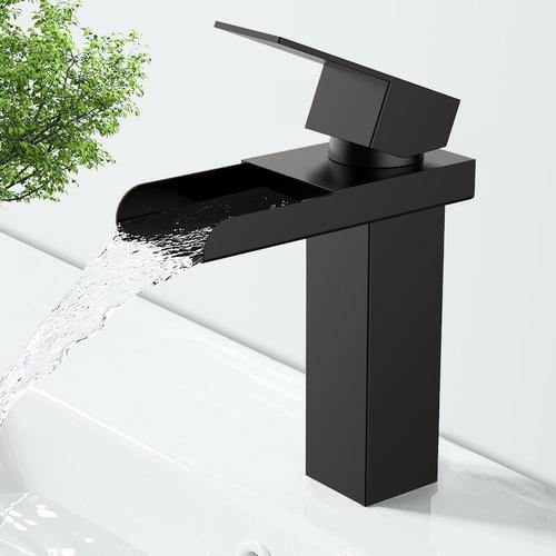 Robinet Cascade Noir Mitigeur de Lavabo Monotrou Robinetterie Lave-mains avec Levier Unique en Acier Inox Robinet Salle de Bain,