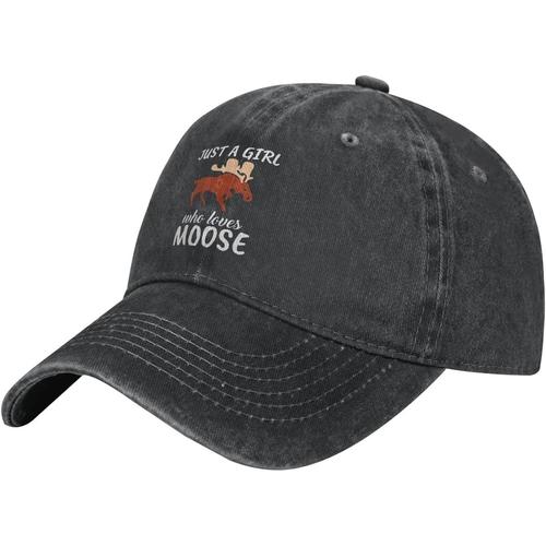 Just-Girl-Who-Loves-Moose-Baseball-Cap, Chapeaux De Camionneur En Coton Lavé Chapeau De Papa Vintage Pour Hommes Femmes Noir