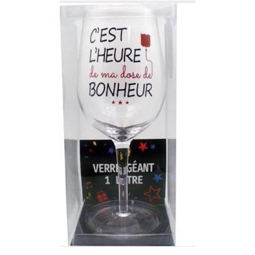 Verre À Vin Géant - 1 Litre - C'est L'heure De Ma Dose De Bonheur