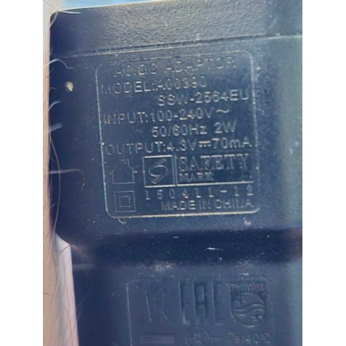 Adaptateur secteur 4.3V ¿ 70mA ¿ Modèle X00390 SSW-2564EU ¿ Connecteur double broche ¿ Philips / Rasoir