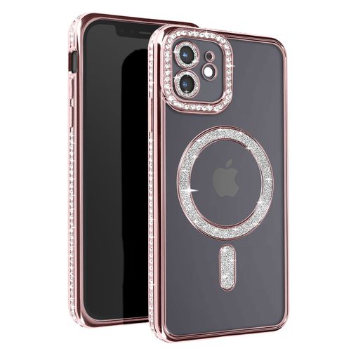 Coque Diamant Pour Iphone 12 Protection Magsafe Contour Strass Rose Champagne