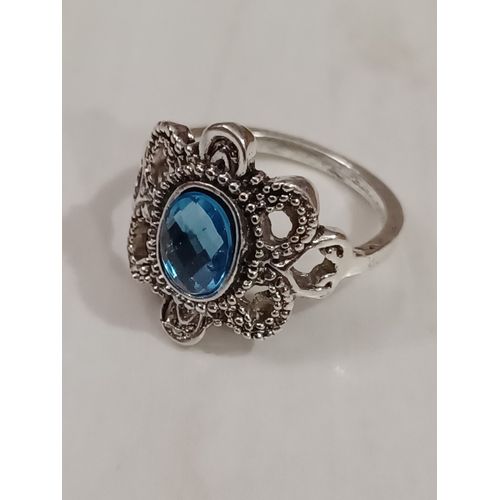 Bague Métal Argenté,Fleur,Grand Strass Bleu,Taille 18.47 Mm