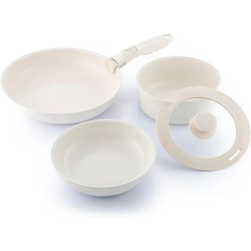Checarzhn--No1-Ensemble De 5 Pièces De Poêles Et Casserole Antiadhésives Avec Poignée Amovible, Empilable Pour Gain De Place, Compatible Toutes Cuisinières, Facile À Nettoyer, Aluminium, Beige